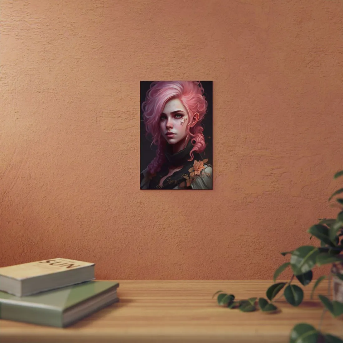 Astonishing Female Portrait: Vibrant Pink Hair in Dark Elegance - Metal Poster