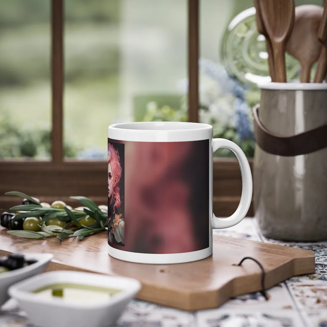 Astonishing Female Portrait: Vibrant Pink Hair in Dark Elegance - Mug