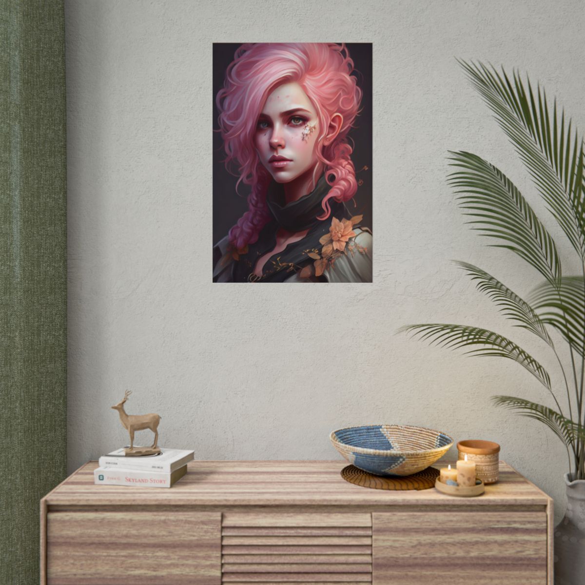 Astonishing Female Portrait: Vibrant Pink Hair in Dark Elegance - Poster