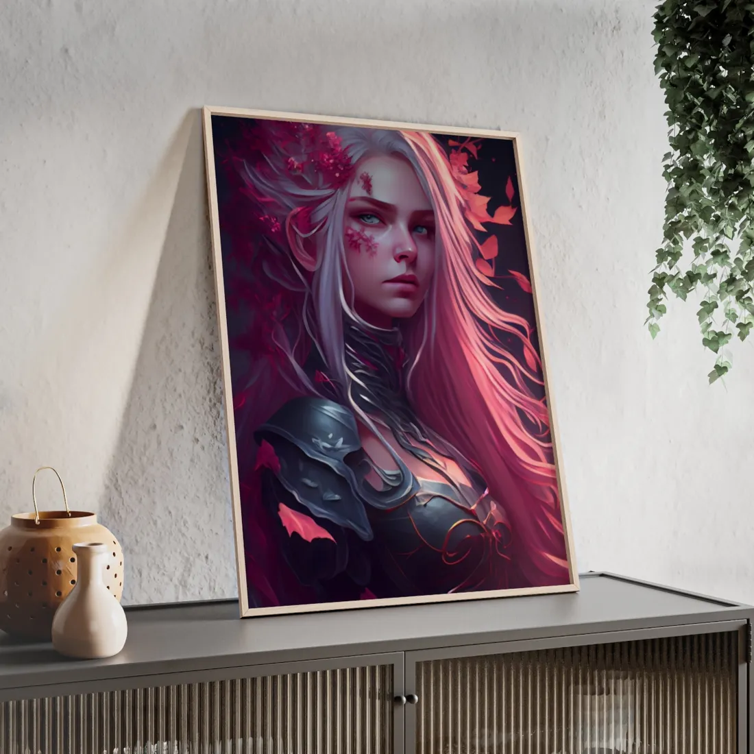 Astonishing Female Portrait with Pink Hair: Artistic Vision - Framed Poster