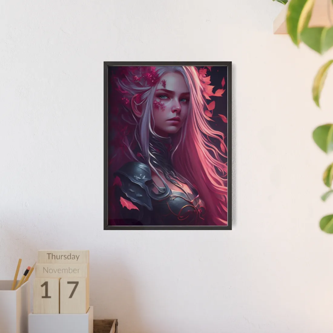 Astonishing Female Portrait with Pink Hair: Artistic Vision - Framed Poster