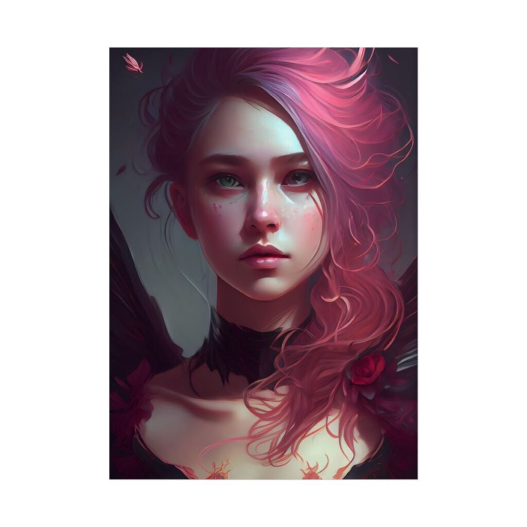Astonishing Female Portrait with Pink Hair: Enchanting Outdoor Artwork - Poster