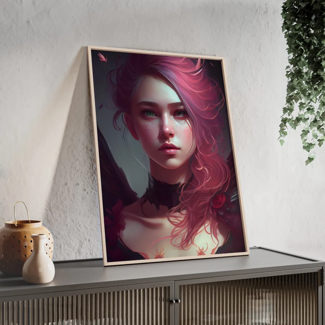Astonishing Female Portrait with Pink Hair: Enchanting Outdoor - Framed Poster