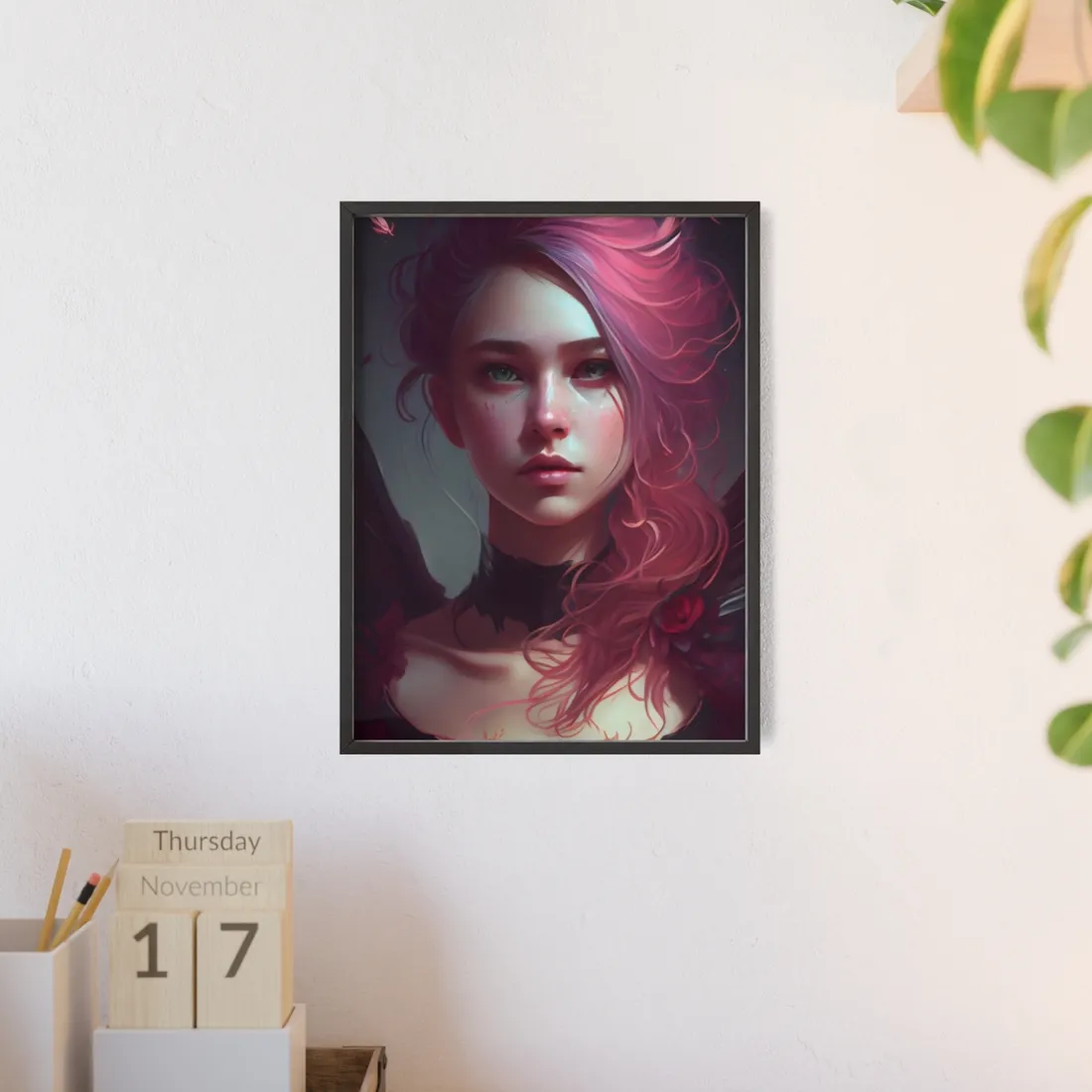 Astonishing Female Portrait with Pink Hair: Enchanting Outdoor - Framed Poster