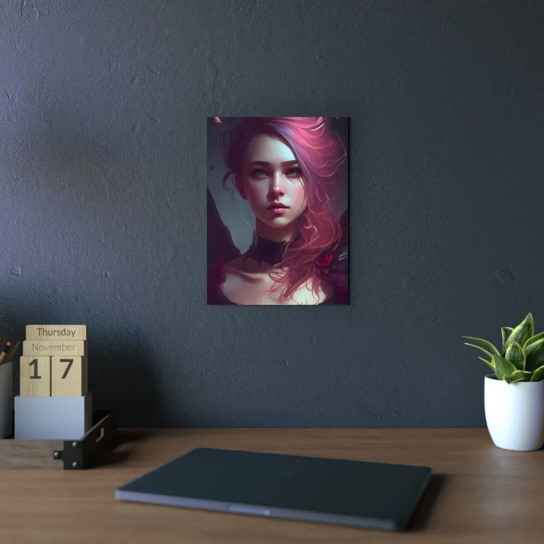 Astonishing Female Portrait with Pink Hair: Enchanting Outdoor - Metal Poster