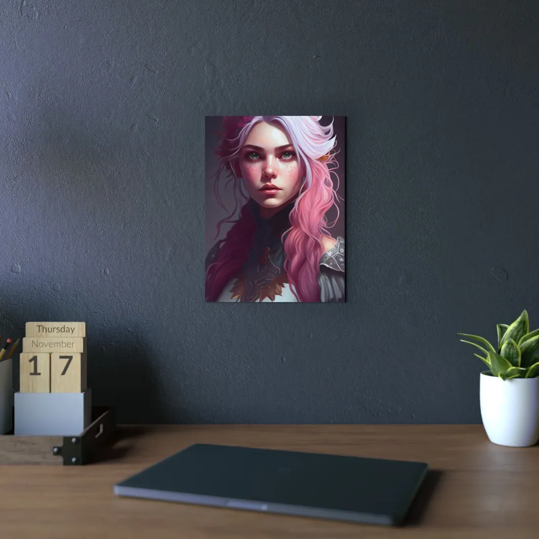 Astonishing Pink Hair Portrait: Confident Female in Dreary Background - Metal Poster