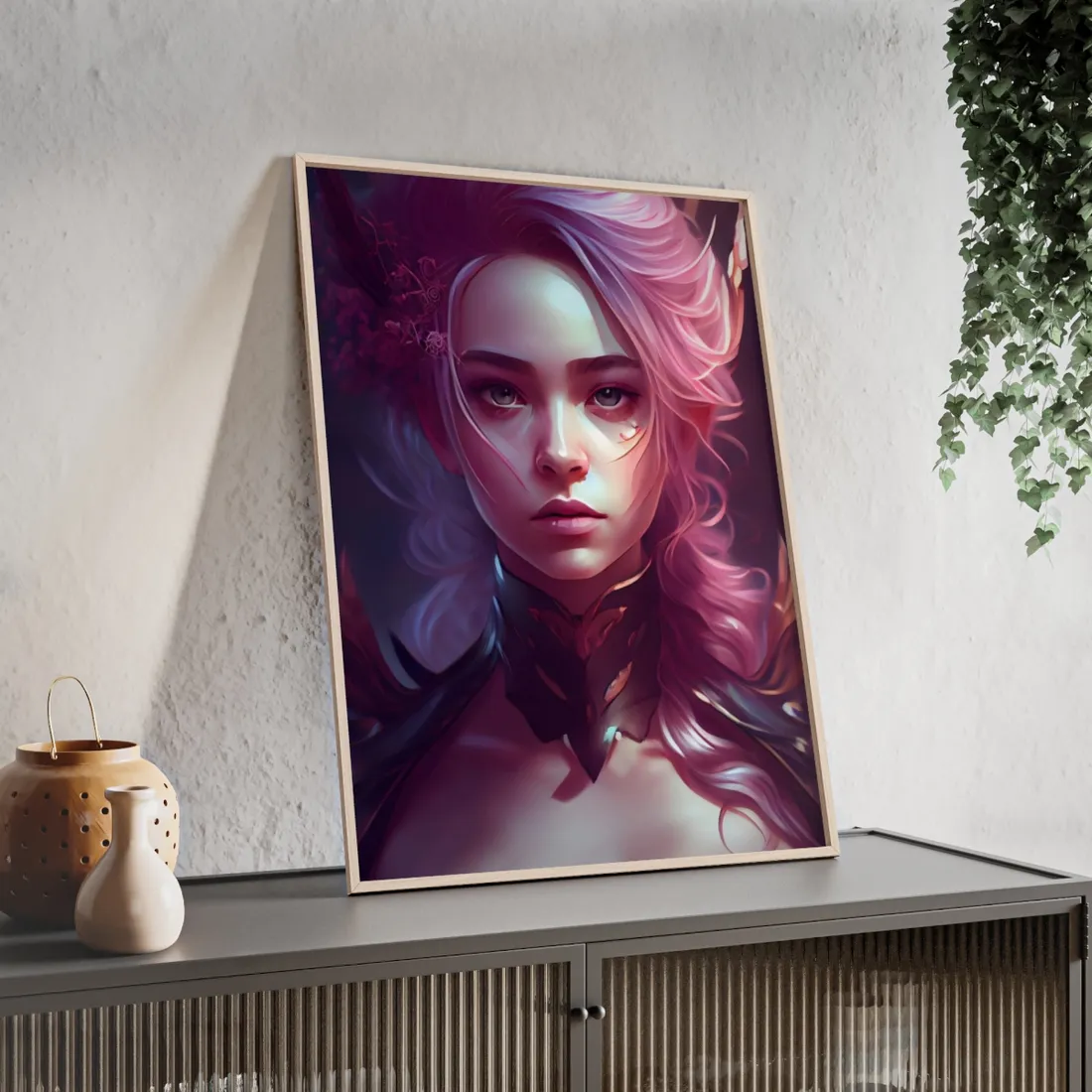 Astonishing Pink Hair Portrait: Vibrant Female Art - Framed Poster