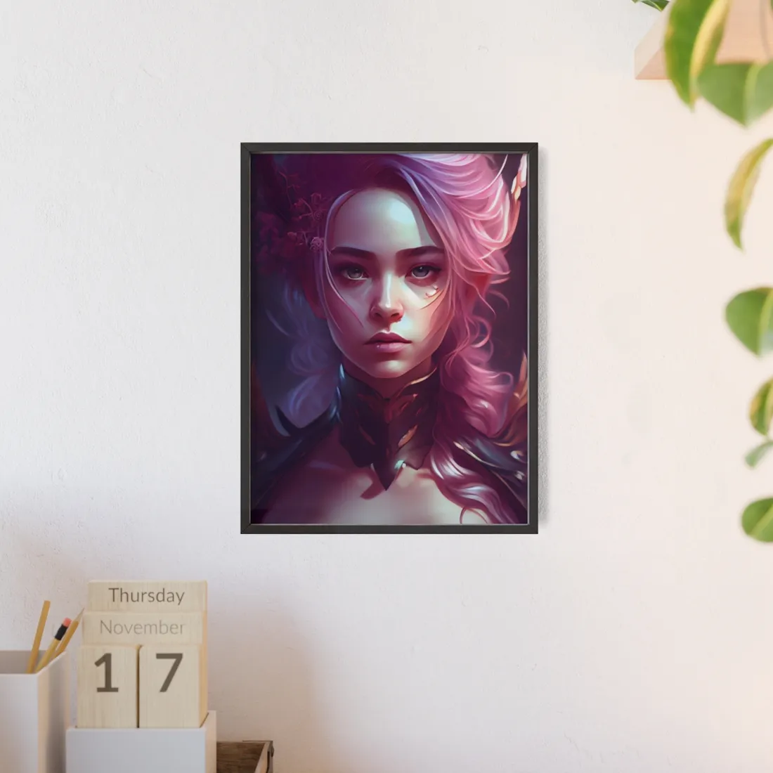 Astonishing Pink Hair Portrait: Vibrant Female Art - Framed Poster
