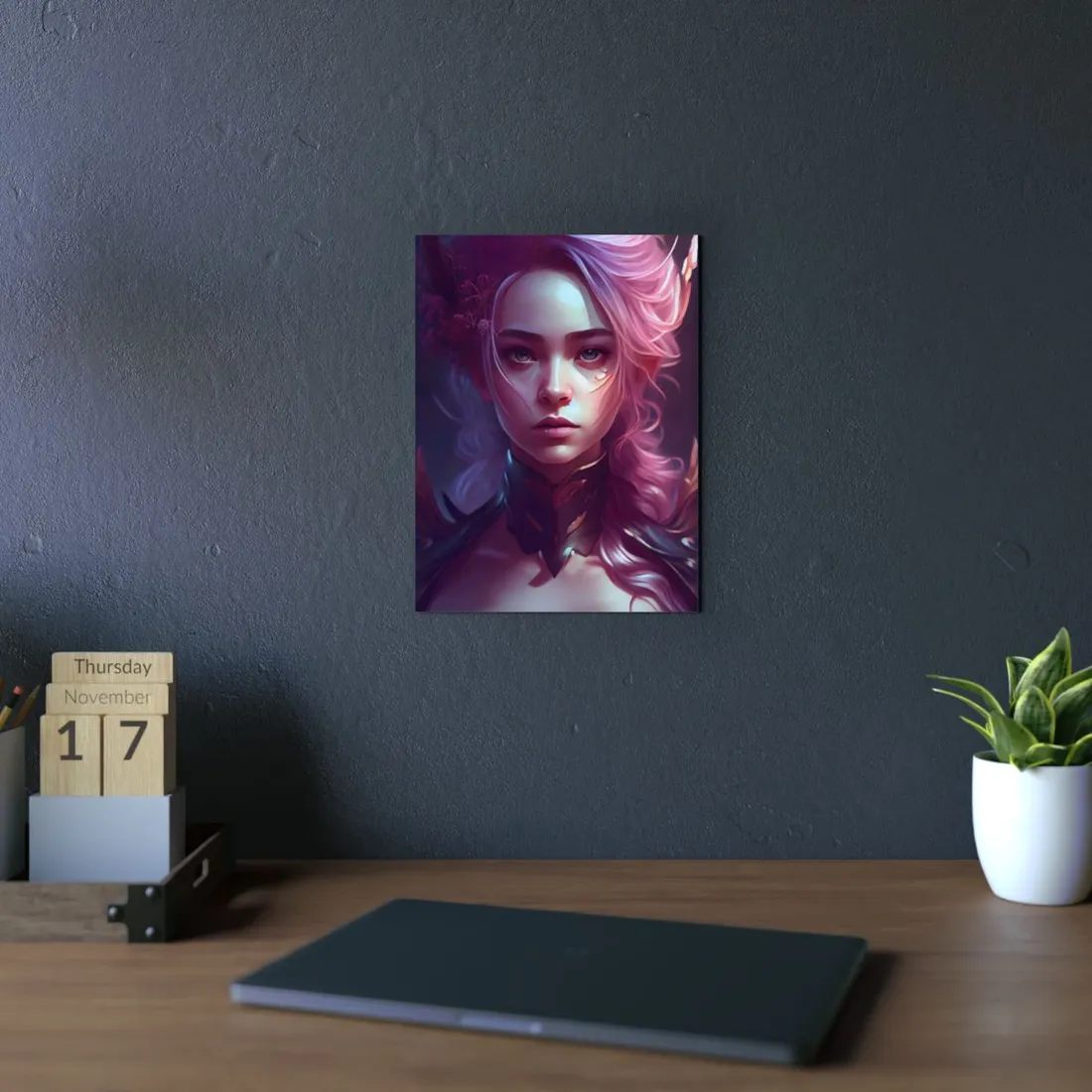 Astonishing Pink Hair Portrait: Vibrant Female Art - Metal Poster