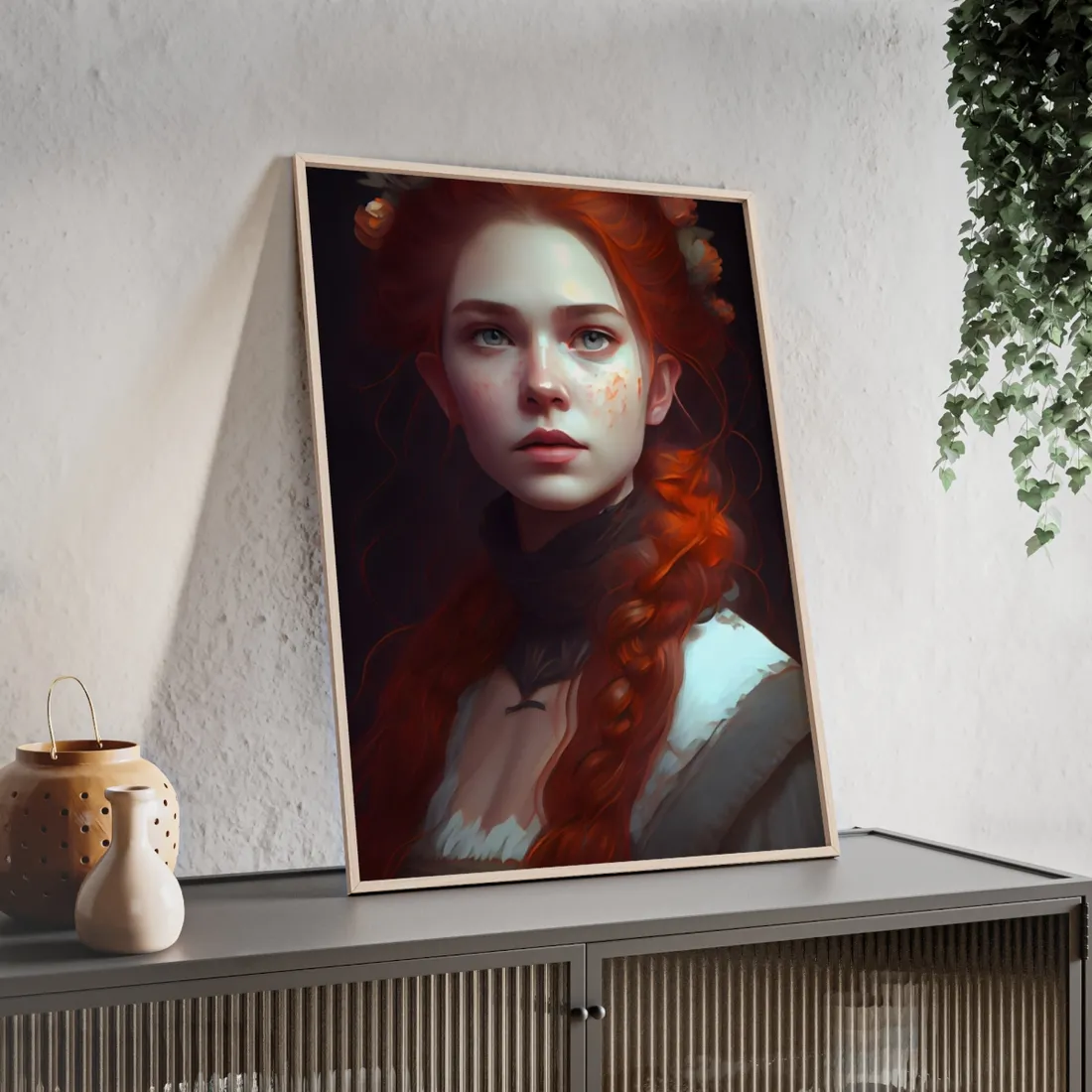 Astonishing Redhead Portrait: Elegant Young Woman in Dress - Framed Poster