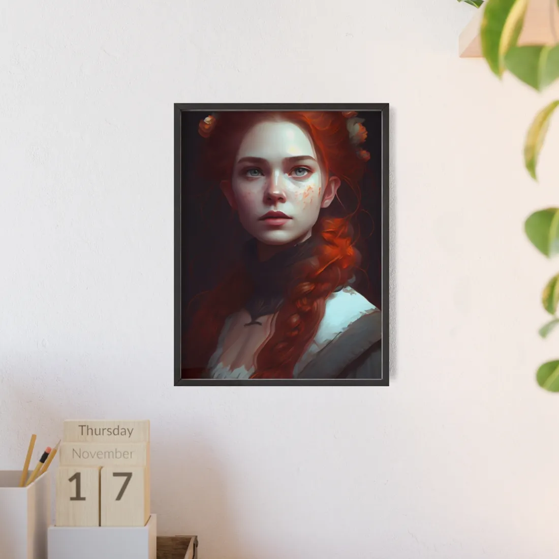 Astonishing Redhead Portrait: Elegant Young Woman in Dress - Framed Poster