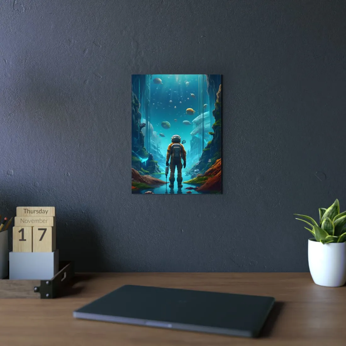 Astronaut in Alien Depths: Sci-Fi Canyon Exploration - Metal Poster