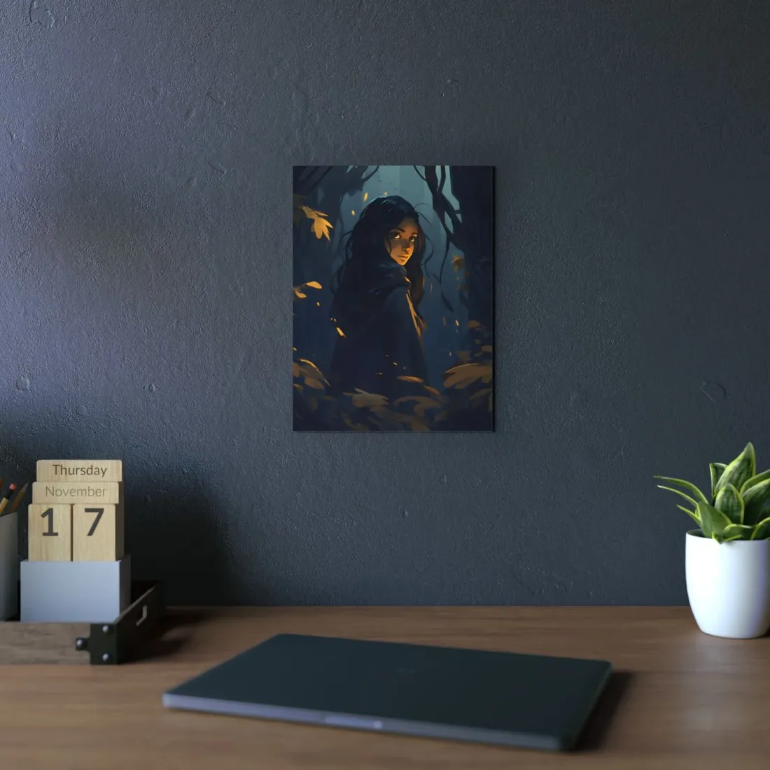Autumn Cloak: Woman Among Golden Leaves - Metal Poster