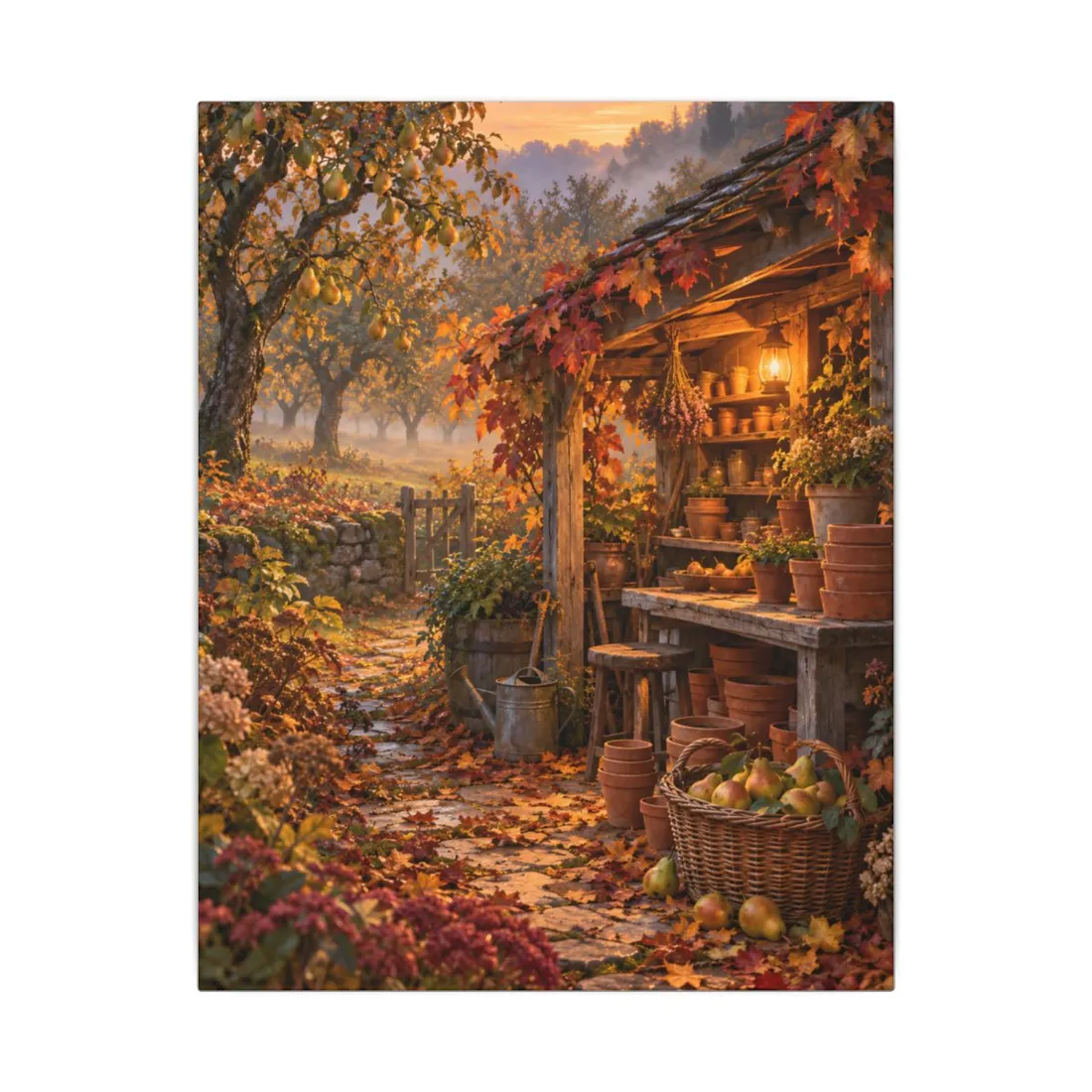 Rustic autumn shed with lantern, terracotta pots, and pear basket among fallen leaves – Canvas Print, view 1