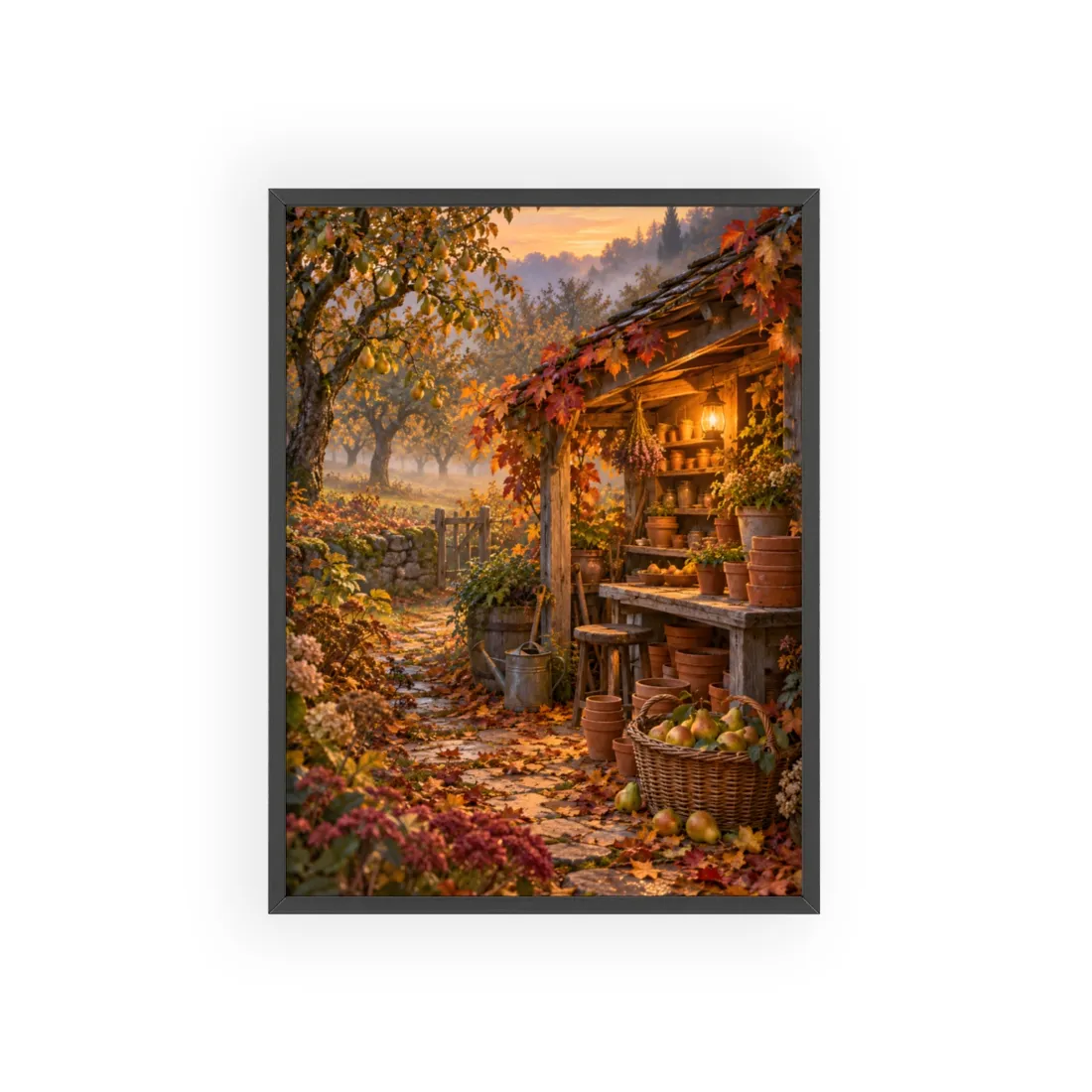 Rustic autumn shed with lantern, terracotta pots, and pear basket among fallen leaves – Framed Poster, view 1