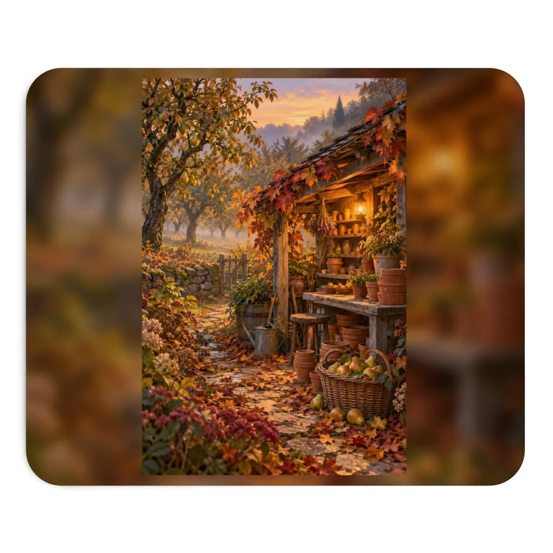 Rustic autumn shed with lantern, terracotta pots, and pear basket among fallen leaves – Mouse Pad, view 1