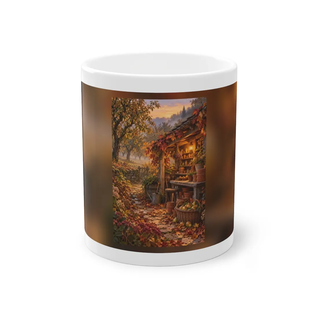 Rustic autumn shed with lantern, terracotta pots, and pear basket among fallen leaves – Mug, view 1