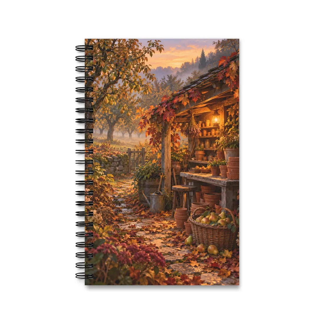 Rustic autumn shed with lantern, terracotta pots, and pear basket among fallen leaves – Spiral Notebook, view 1