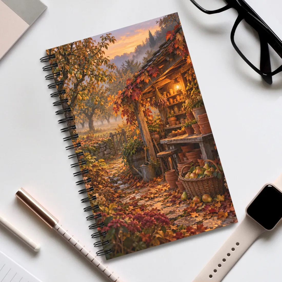 Rustic autumn shed with lantern, terracotta pots, and pear basket among fallen leaves – Spiral Notebook, view 2