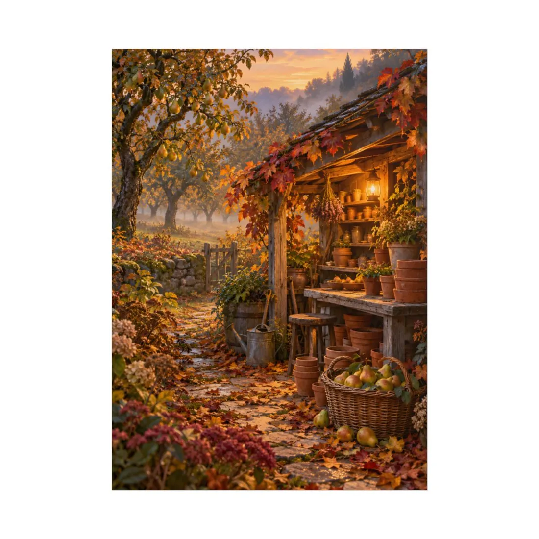 Rustic autumn shed with lantern, terracotta pots, and pear basket among fallen leaves – Poster, view 1