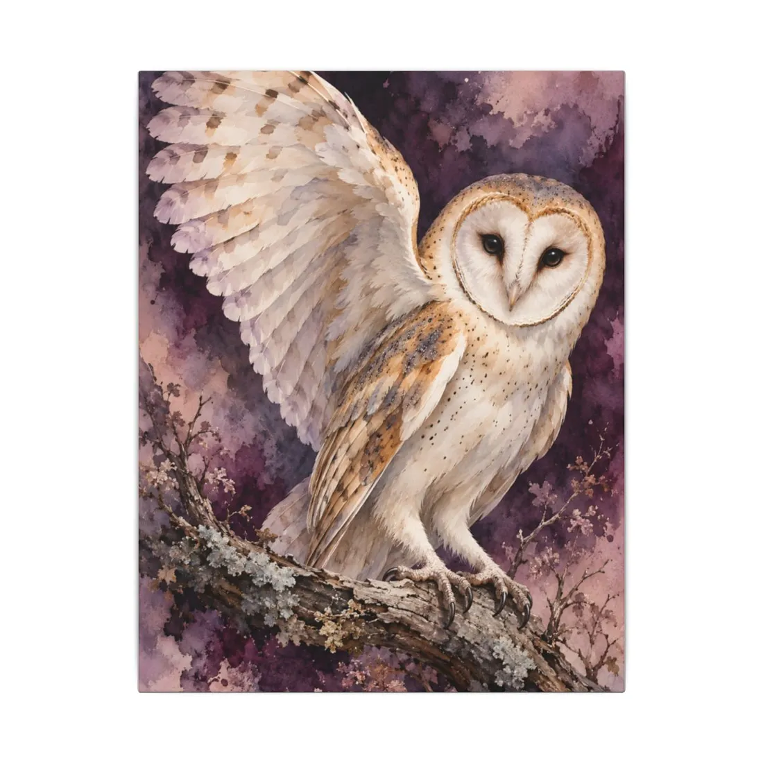 Barn owl spreading one wing on a mossy branch, plum and pink washes – Canvas Print, view 1