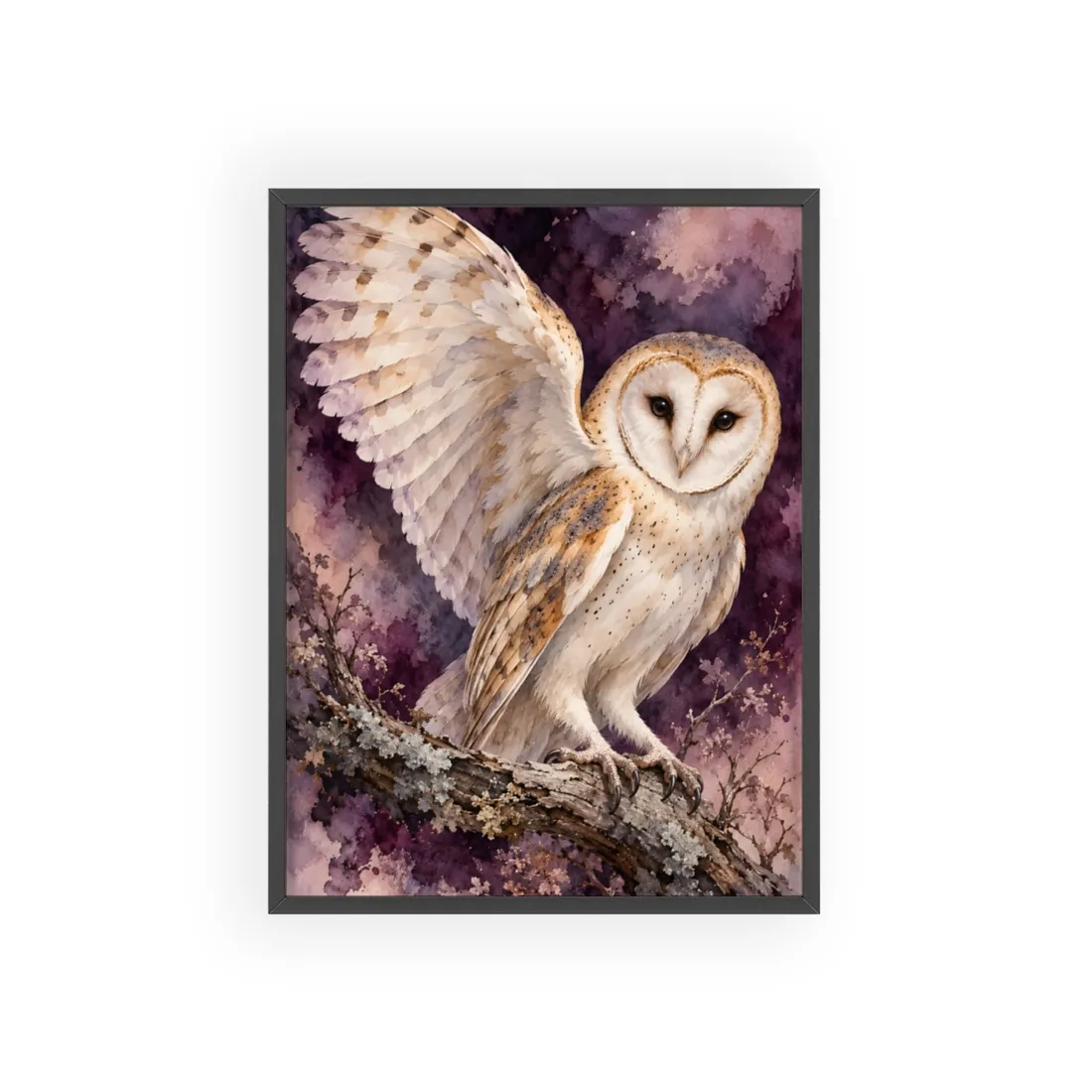 Barn owl spreading one wing on a mossy branch, plum and pink washes – Framed Poster, view 1