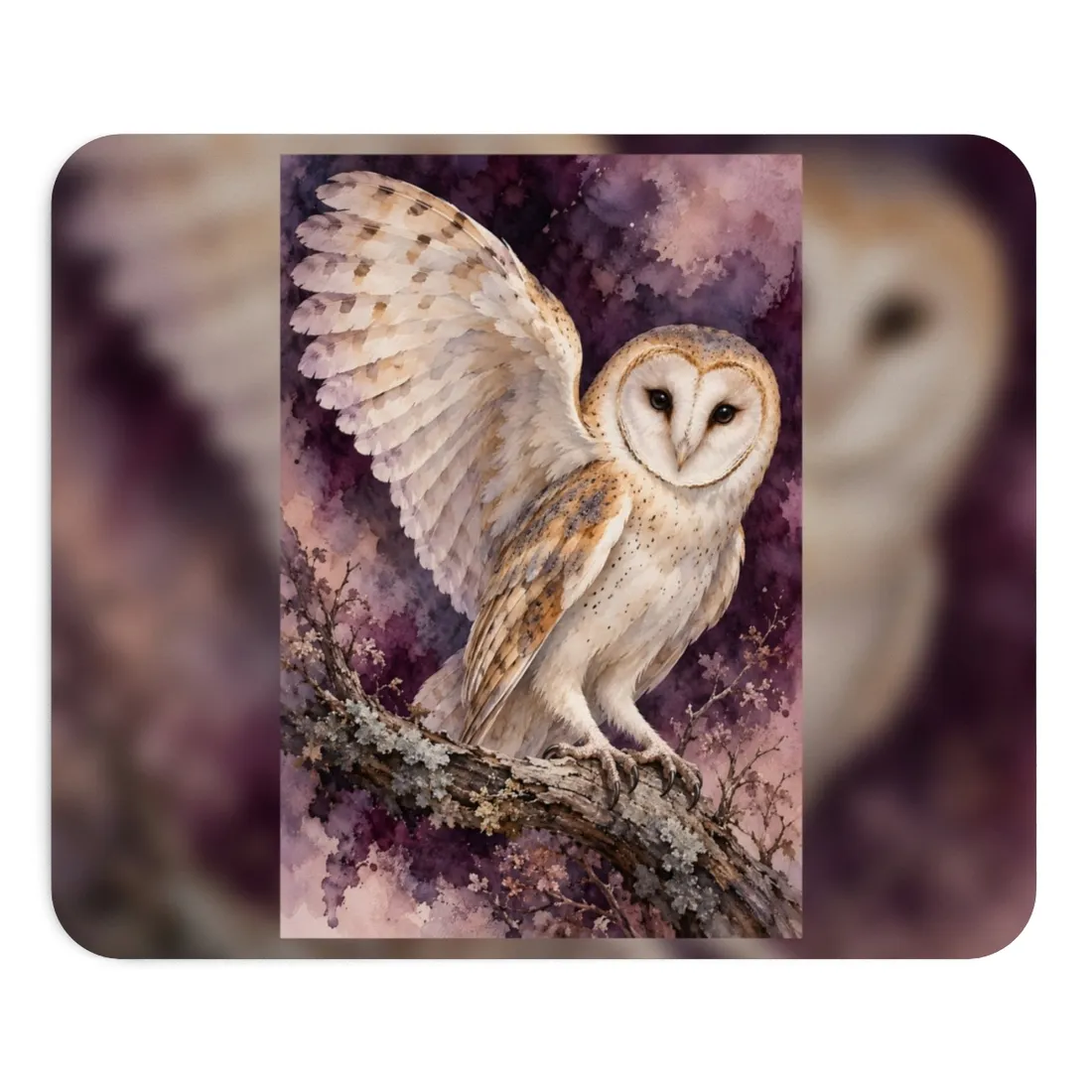 Barn owl spreading one wing on a mossy branch, plum and pink washes – Mouse Pad, view 1