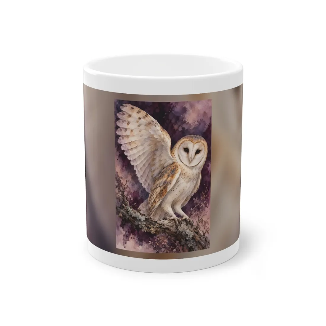 Barn owl spreading one wing on a mossy branch, plum and pink washes – Mug, view 1