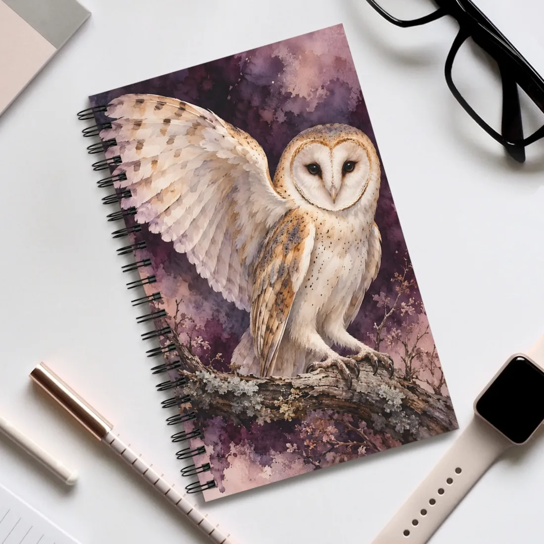 Barn owl spreading one wing on a mossy branch, plum and pink washes – Spiral Notebook, view 2