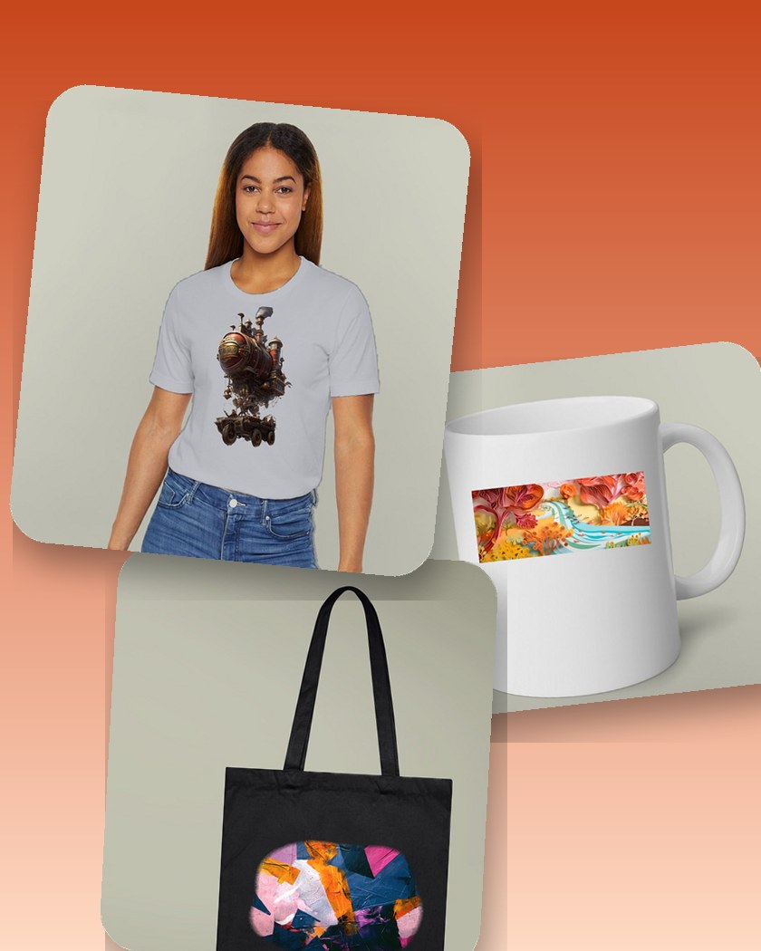 T-shirt, mug and tote bag with custom artwork on an orange background