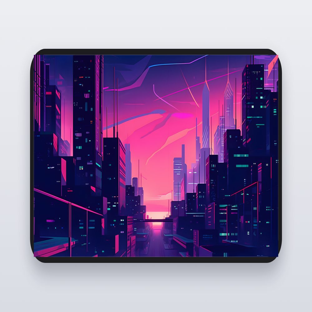 Desk mat with a neon pink and violet cityscape artwork