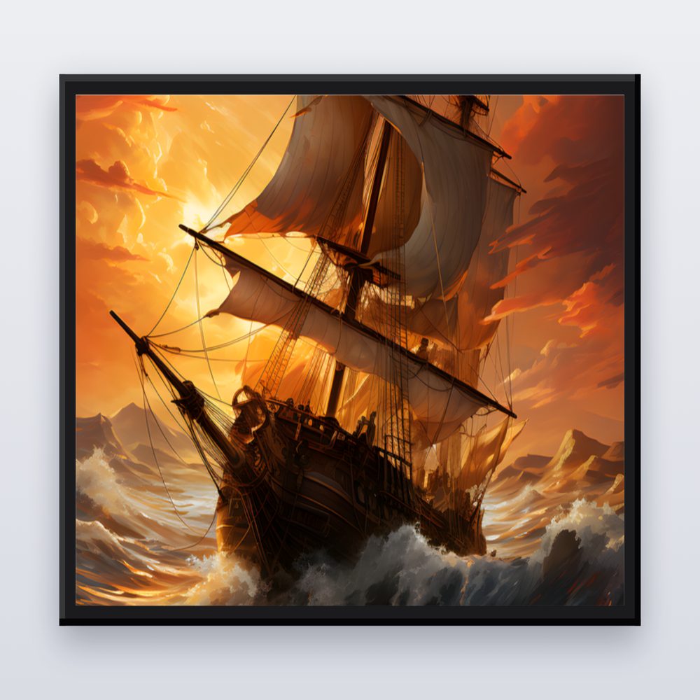 Framed poster of a golden sailing ship in a stormy sea