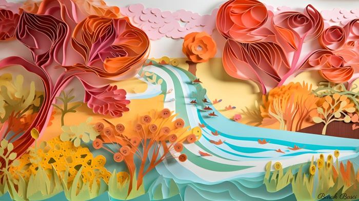 Paper quilling river landscape in red, orange and turquoise