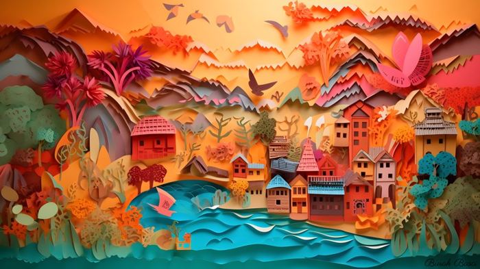 Paper quilling village by a turquoise river