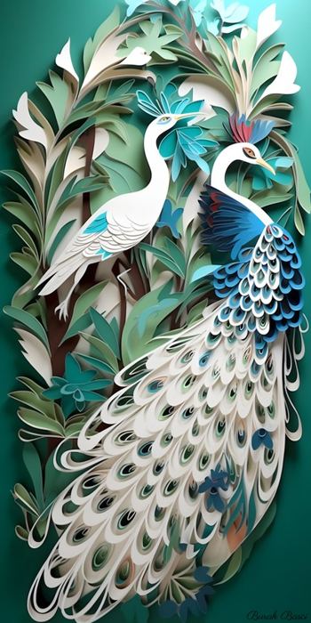 White peacock and heron in paper-cut jungle leaves