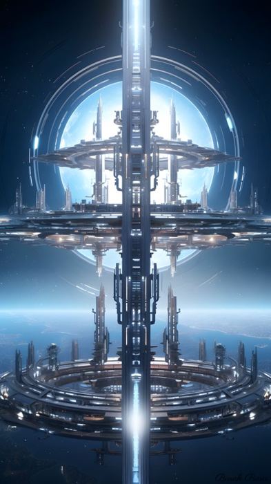 Futuristic space station tower in a blue glow