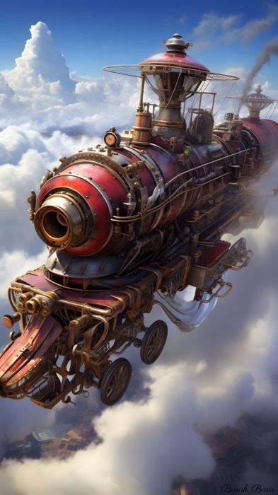Steampunk flying machine among clouds