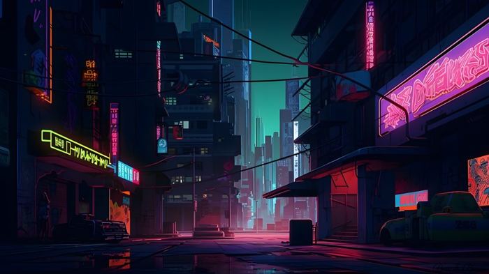 Cyberpunk city street at night with neon signs