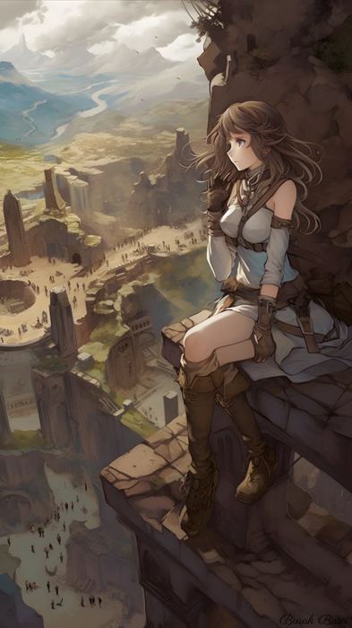 Anime heroine overlooking a fantasy town