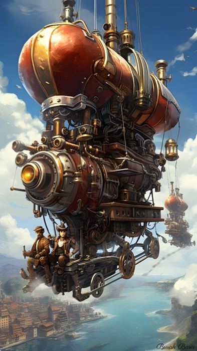 Copper steampunk airship above the clouds