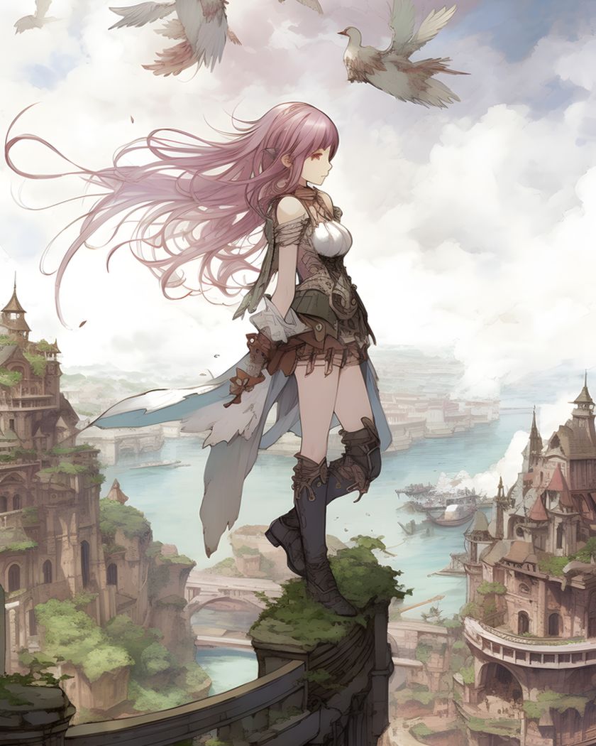 Anime-style warrior sitting above a ruined city