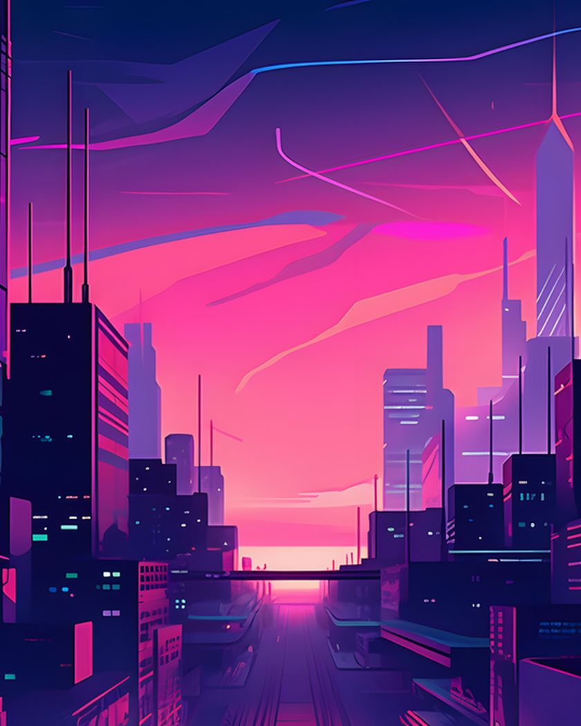 Neon cityscape artwork in pink and violet