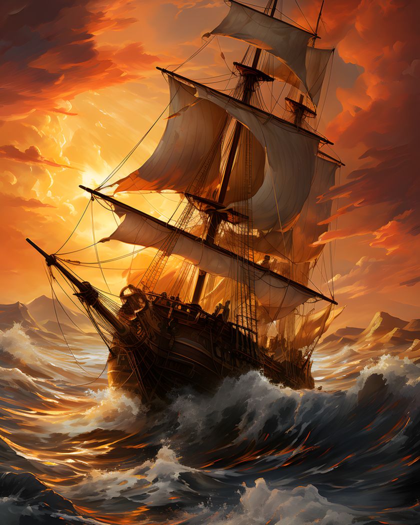 Golden sailing ship in a stormy ocean