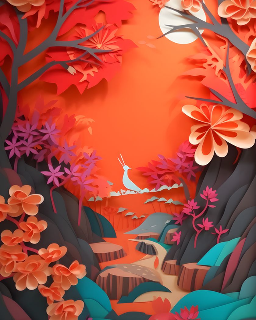 Red and orange paper quilling artwork with a white bird