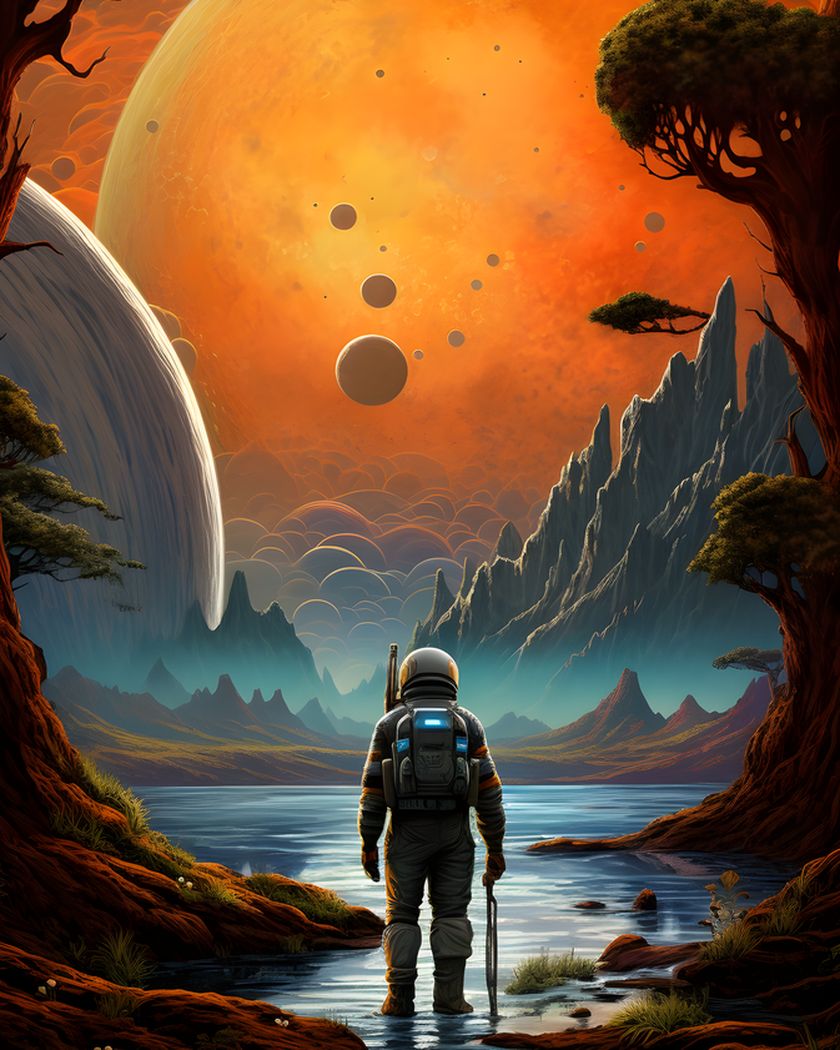 Astronaut on an alien shore in front of a huge orange planet