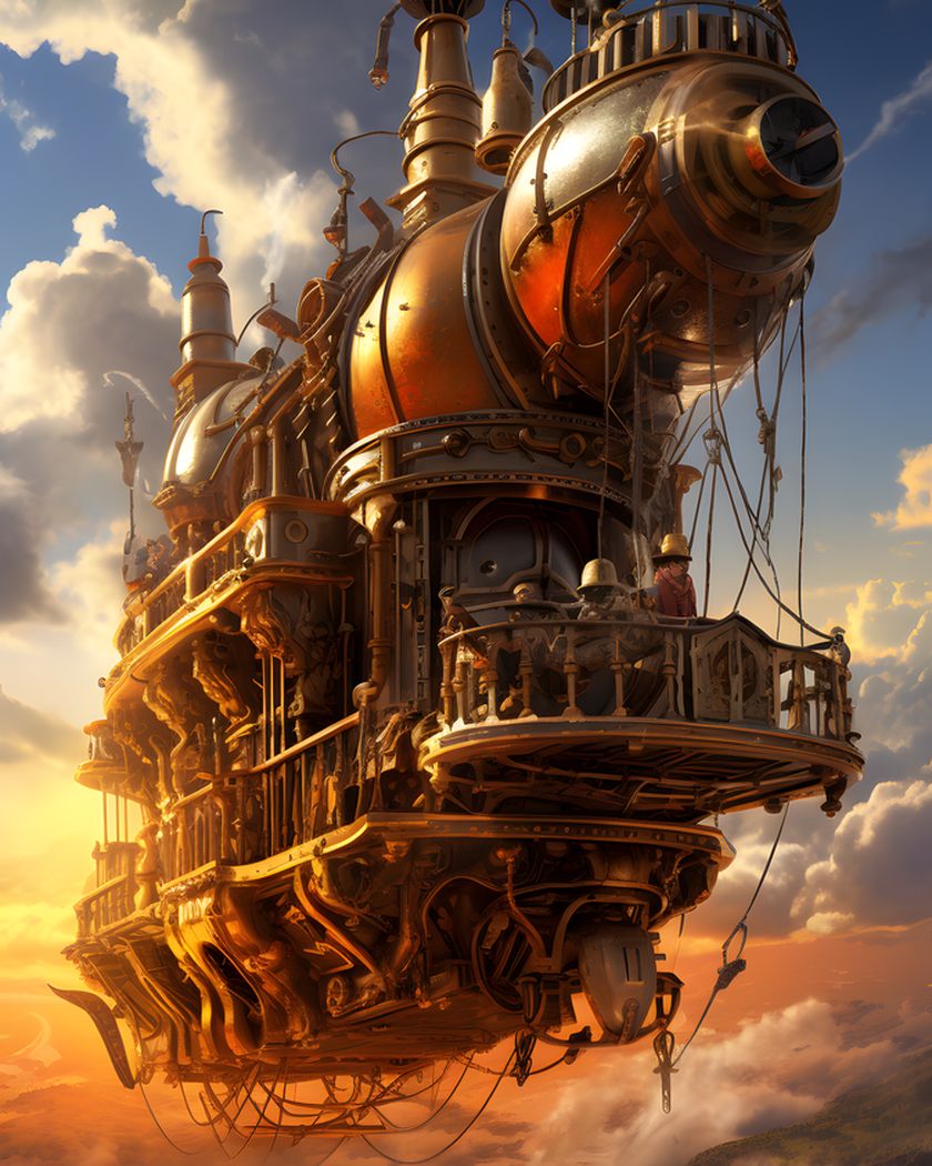 Steampunk airship in the clouds at sunset