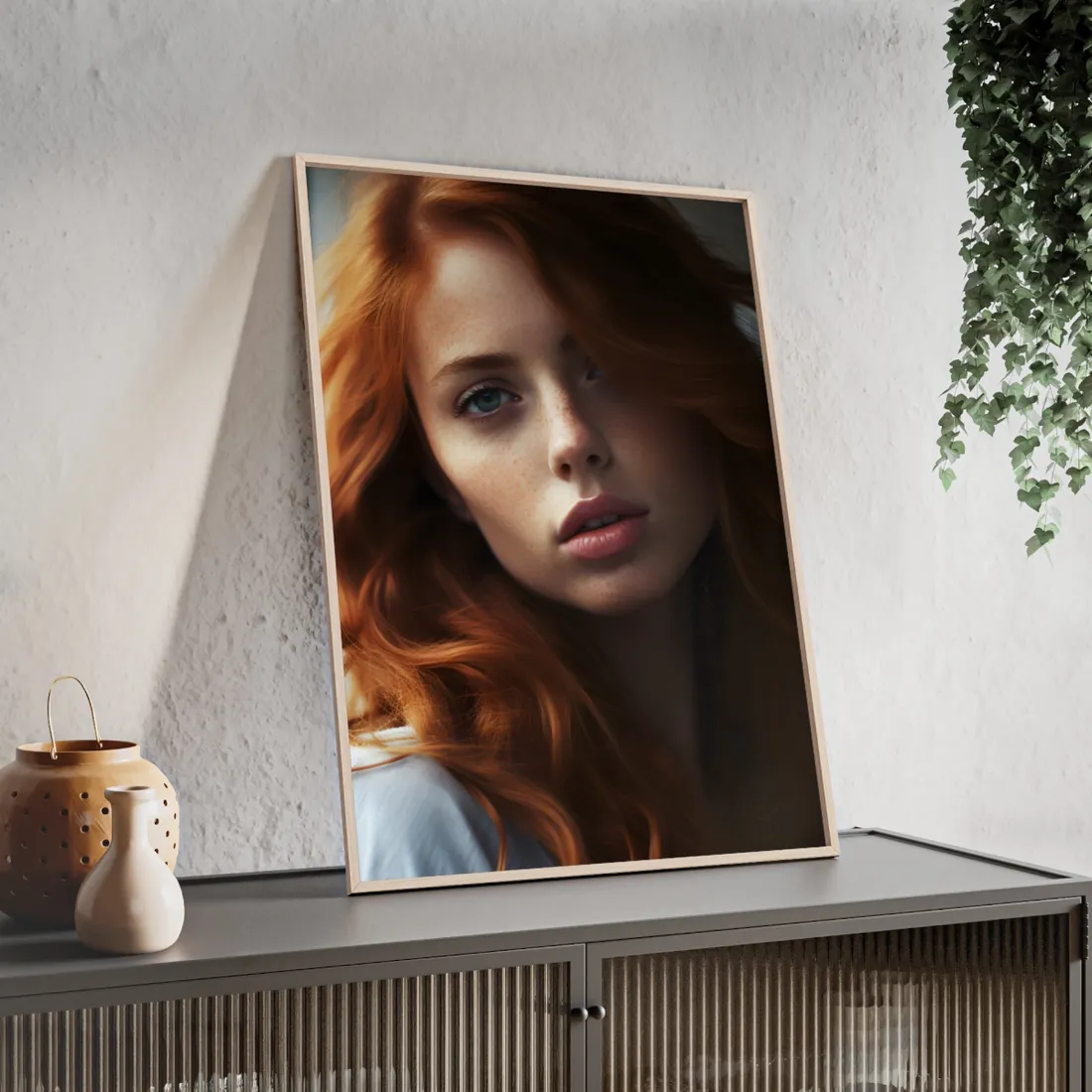 Beautiful Redhead Woman: Realistic - Framed Poster