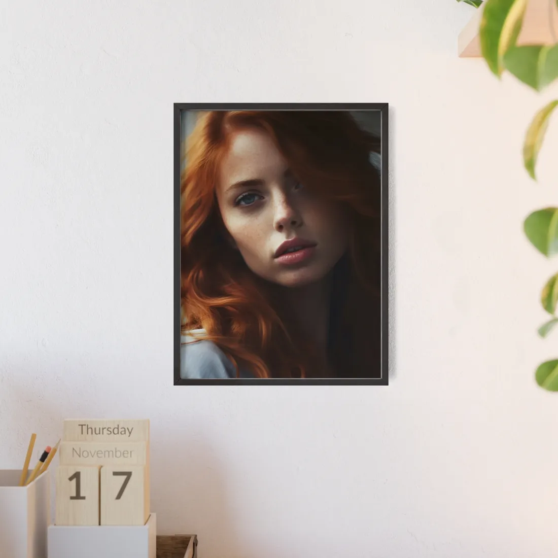 Beautiful Redhead Woman: Realistic - Framed Poster