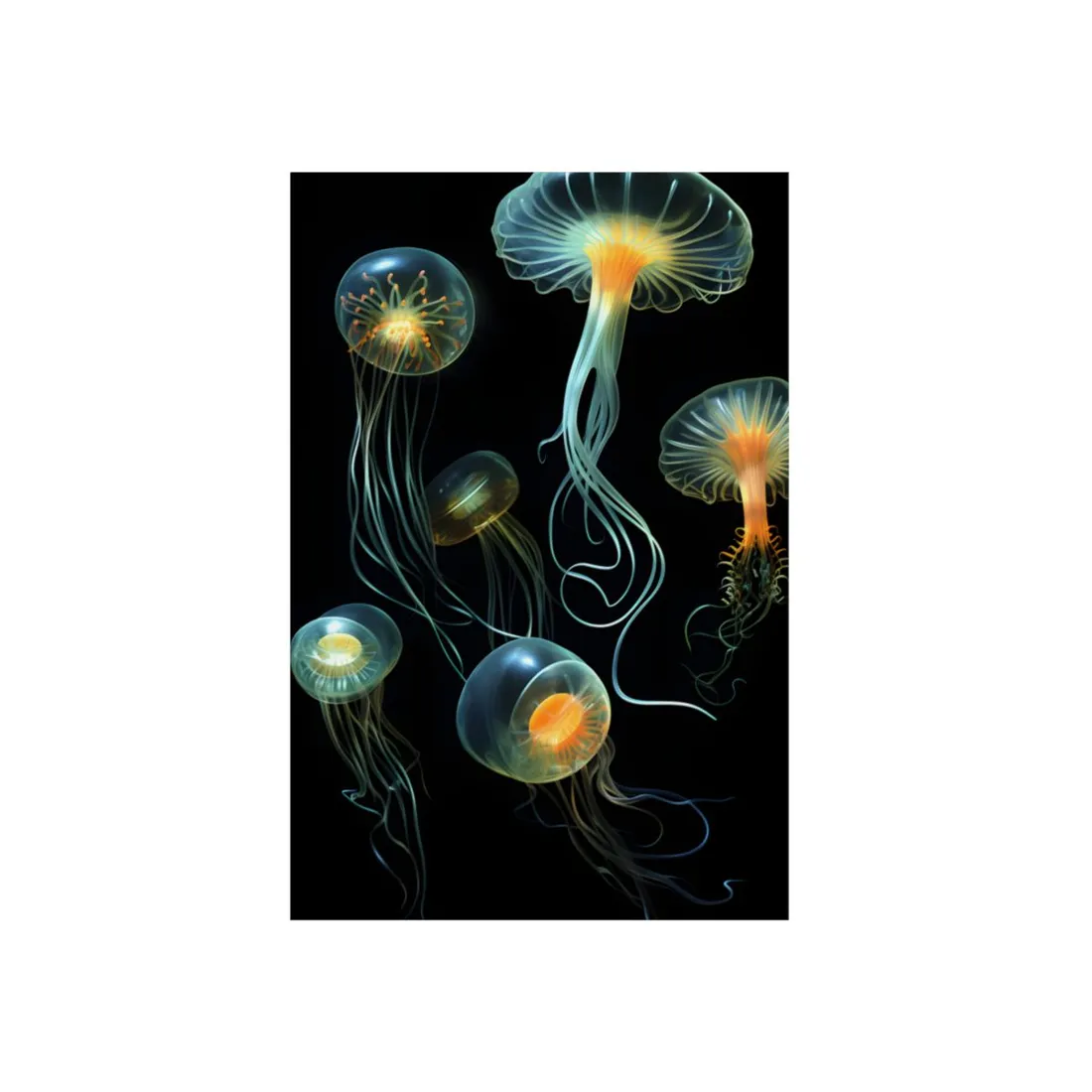 Bioluminescent Jellyfish Cluster: Glowing Ocean - Metal Poster