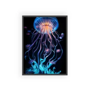 Jellyfish over Glowing Coral Framed Poster